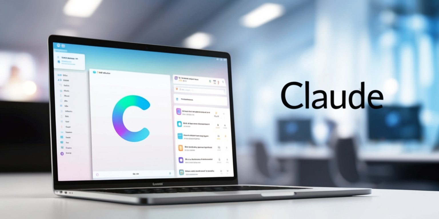 A modern, sleek desktop application named Claude, showcasing a clean and minimalistic graphical user interface with a calming color scheme, perhaps a blend of soothing blues and whites, on a crisp, high-resolution display, with a subtle gradient effect on the toolbar and a well-organized layout of icons and menus, featuring a prominent search bar at the top, and a tidy arrangement of windows and panels that evoke a sense of productivity and efficiency, set against a blurred background that suggests a busy yet organized workspace, with the Claude logo, a stylized, lowercase 'c' in a custom sans-serif font, prominently displayed in the top-left corner.