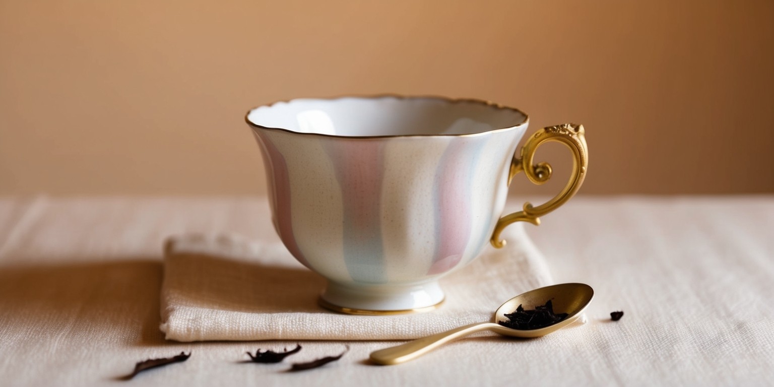 A delicate, porcelain teacup sits alone on a soft, cream-colored linen cloth, surrounded by subtle, warm lighting that emphasizes the intricate details of the cup's ornate, golden handle and the gentle curves of its body, with a few scattered, dried tea leaves and a tiny, forgotten spoon nearby, evoking a sense of nostalgia and quiet contemplation, set against a warm, beige background that suggests a cozy, vintage atmosphere, with the teacup itself painted in a mixture of soft, muted colors such as pale pink, baby blue, and creamy white, resembling antique china from a bygone era.