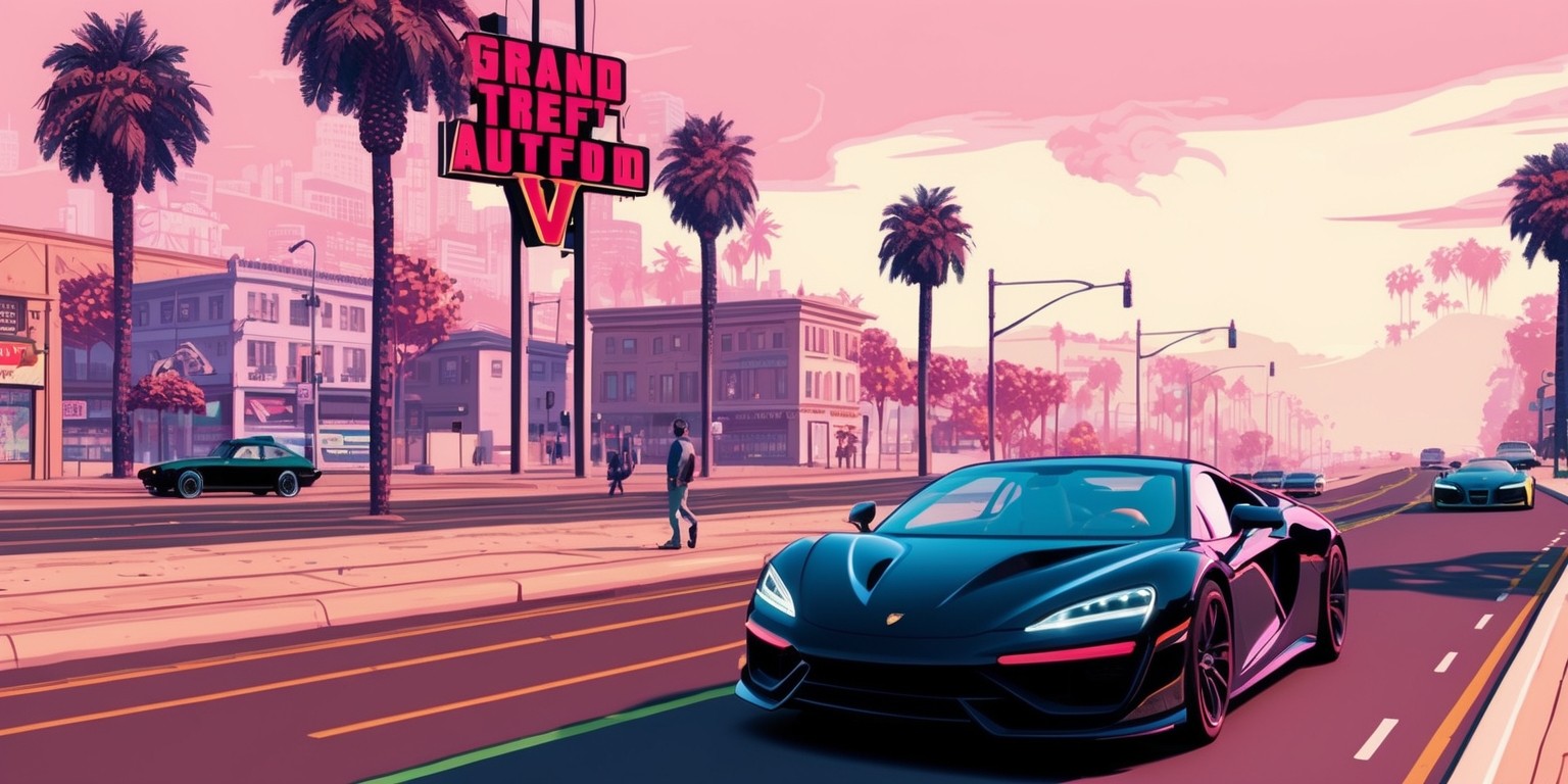 A stylized, high-contrast illustration of the Grand Theft Auto V game world, set during a warm, golden hour, with the iconic Vinewood sign towering above the cityscape, amidst a haze of smog and blooming palm trees, with a sleek, black sports car speeding down the highway, and a few pedestrians strolling in the distance, with intricate details on the buildings, roads, and vehicles, in a vibrant, neon-lit color palette with a mix of pastel hues, evoking a sense of freedom, crime, and excitement, with a shallow depth of field, and a cinematic, 3D rendered style.